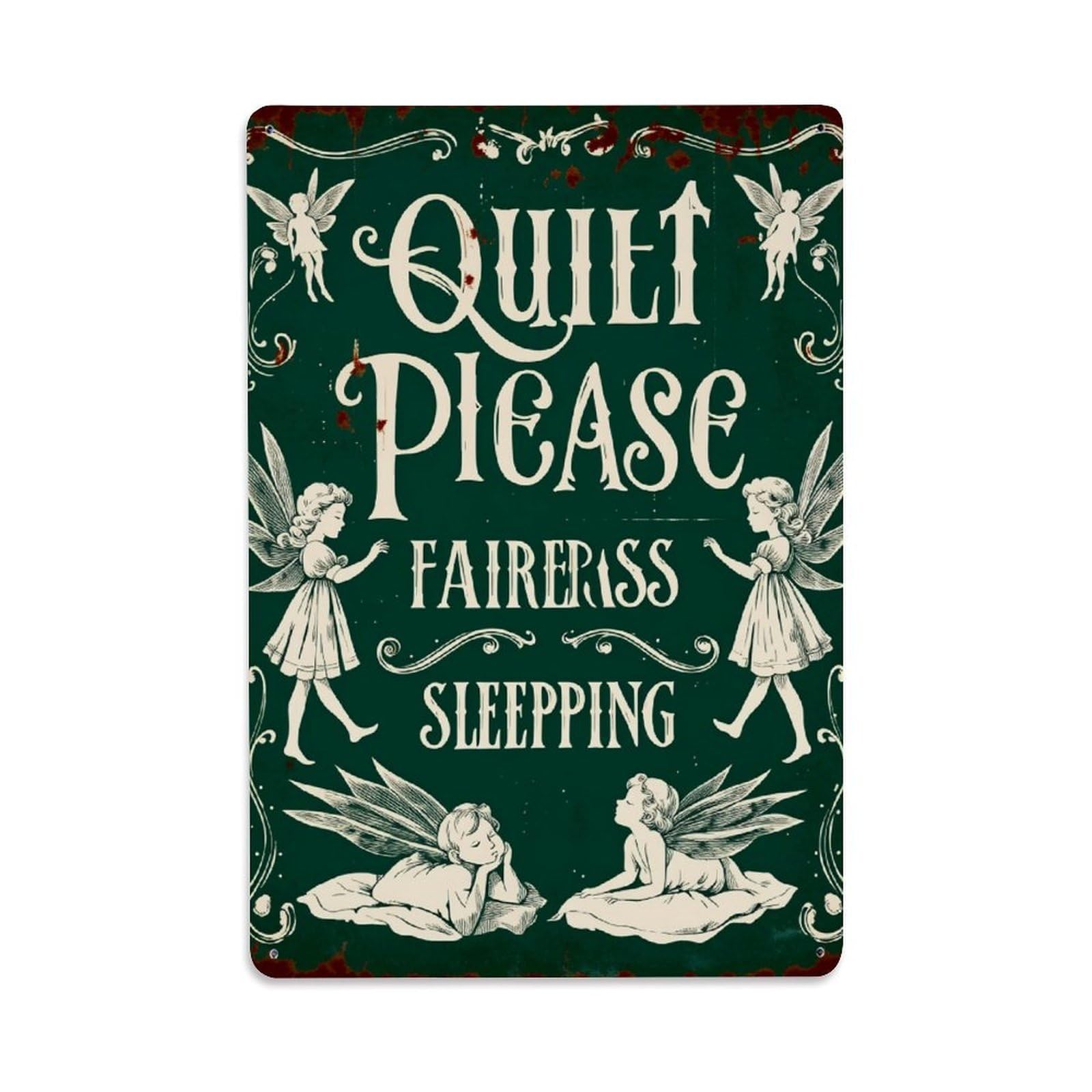 Enderetf Vintage Quiet Please Fairies Sleeping Tin Sign Metal Poster, Home Bar Garage Man Cave Cafe Indoor & Outdoor Wall Decoration 8X12inches