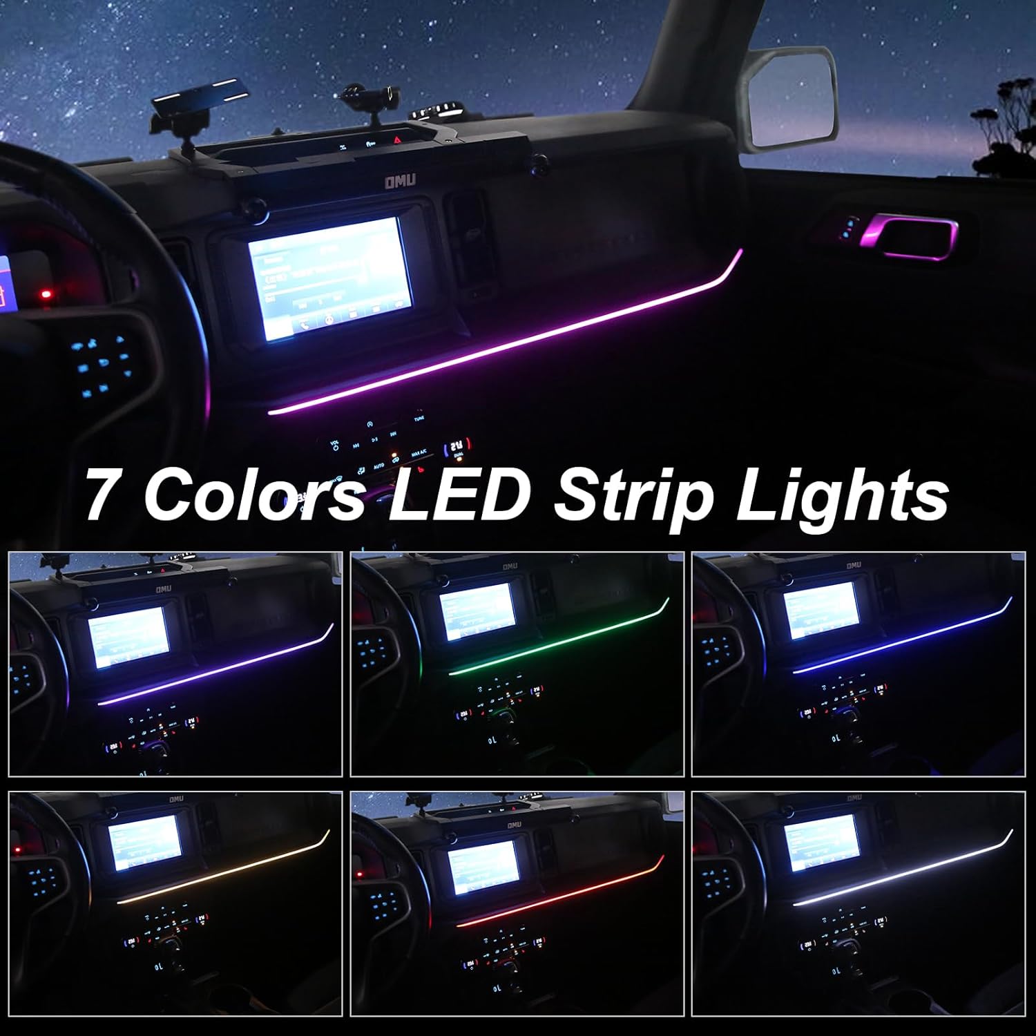 Car Interior Atmosphere Light 7 Colors LED Strip Lights Compatible with Ford Bronco 2021 2022 2023 2024 Lights for Center Control Passenger Position Bronco Accessories, Grey（Not fit Sport and 2 Door）