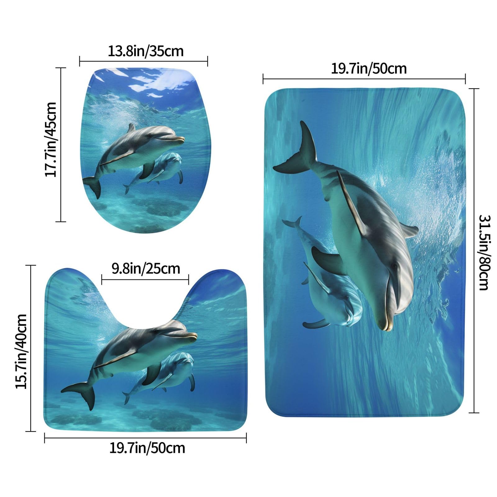 Set di 3 tappetini da bagno con delfino marino, in flanella, morbida, antiscivolo, con coperchio, per decorare la casa