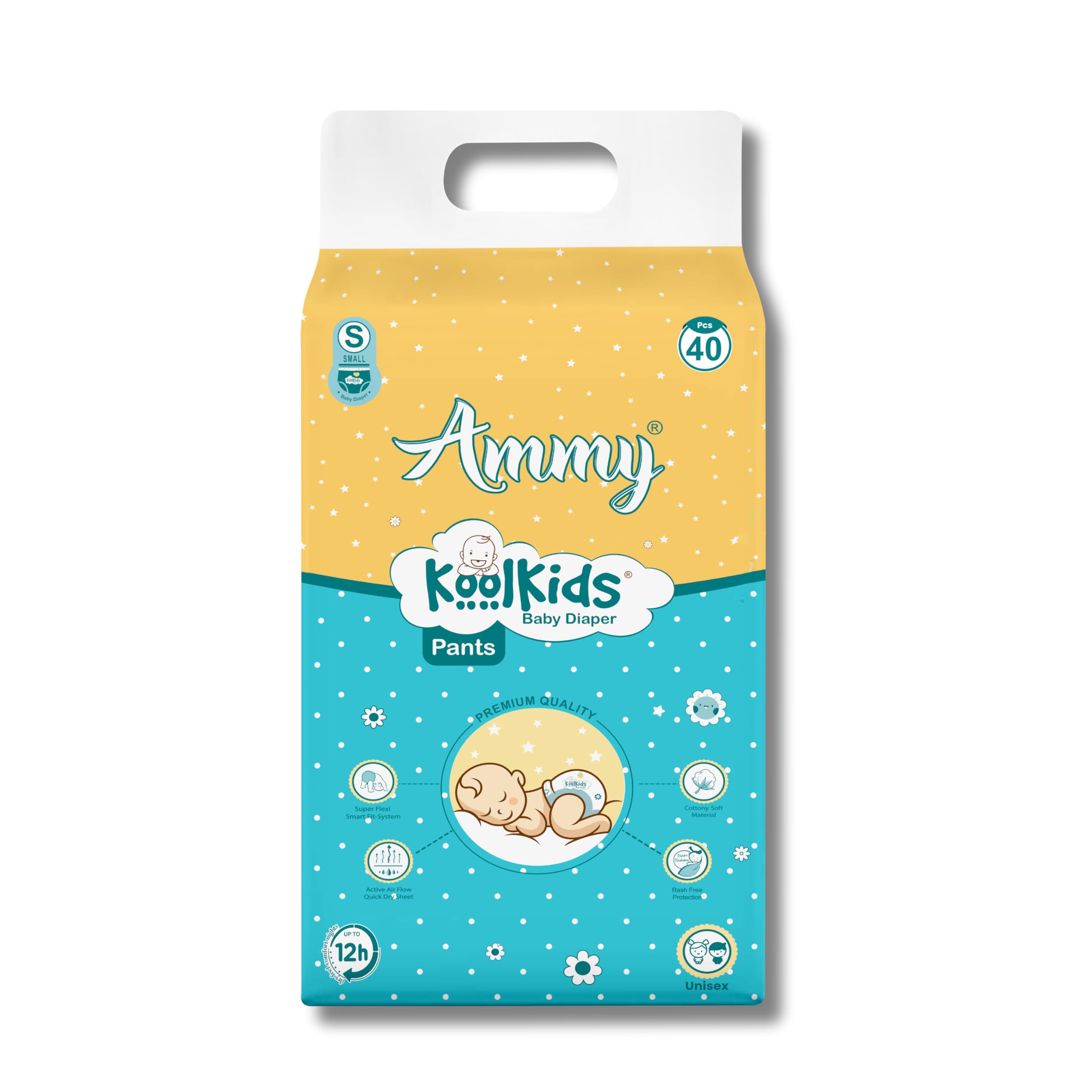 Ammy Koolkids Baby Diaper Pants, S Size (40 Count), Rash Free Diaper Pants for Babies,Super soft, Super Flexi Smart Fit- System, (4-8Kg)
