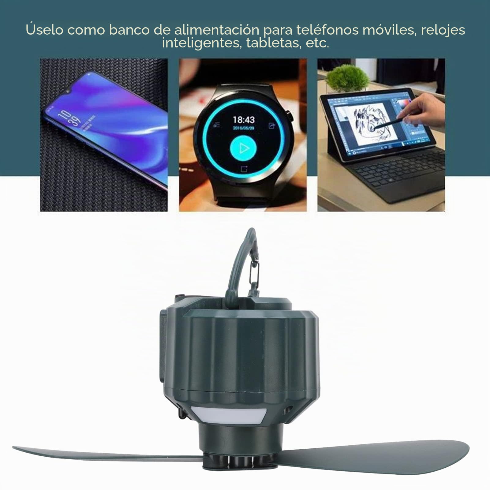 Ventilador de camping,Ventilador de techo portátil con luz LED y batería recargable USB de 10400 mAh,3 velocidades silencioso y control remoto,desmontable para pesca,viajes y actividades al aire libre