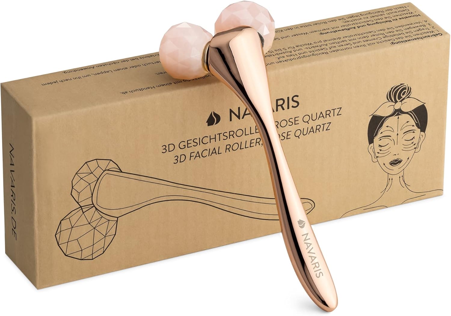 Navaris 3D gezichtsroller van rozenkwarts – Dubbele roller voor gezichtsmassage – Verkoelend effect – Roze/roségoudkleurig