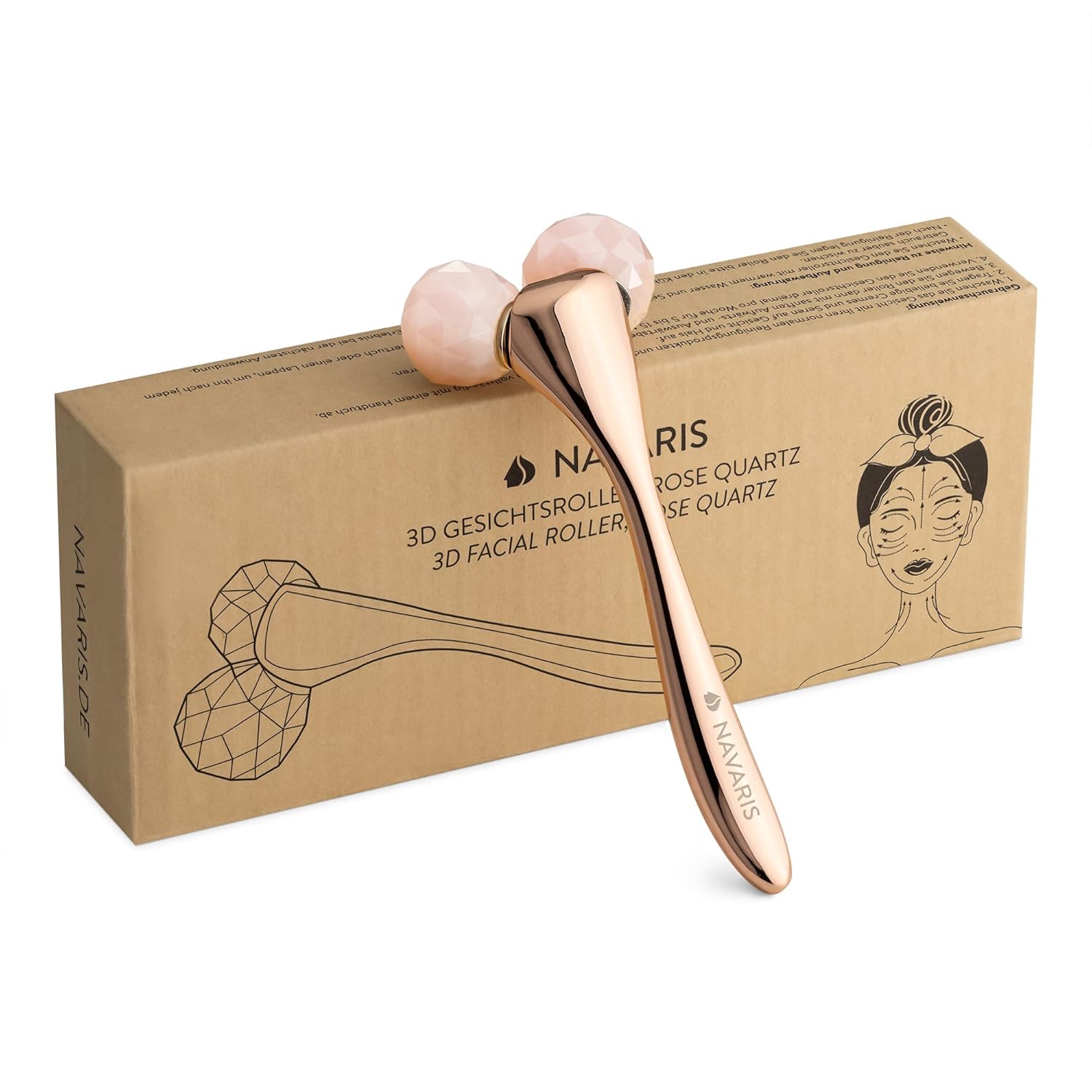Navaris 3D Rose Quartz Face Roller – Massager with Double Head – 2 Balls Rose Quartz Roller with Handle – Face Roller Massage Roller