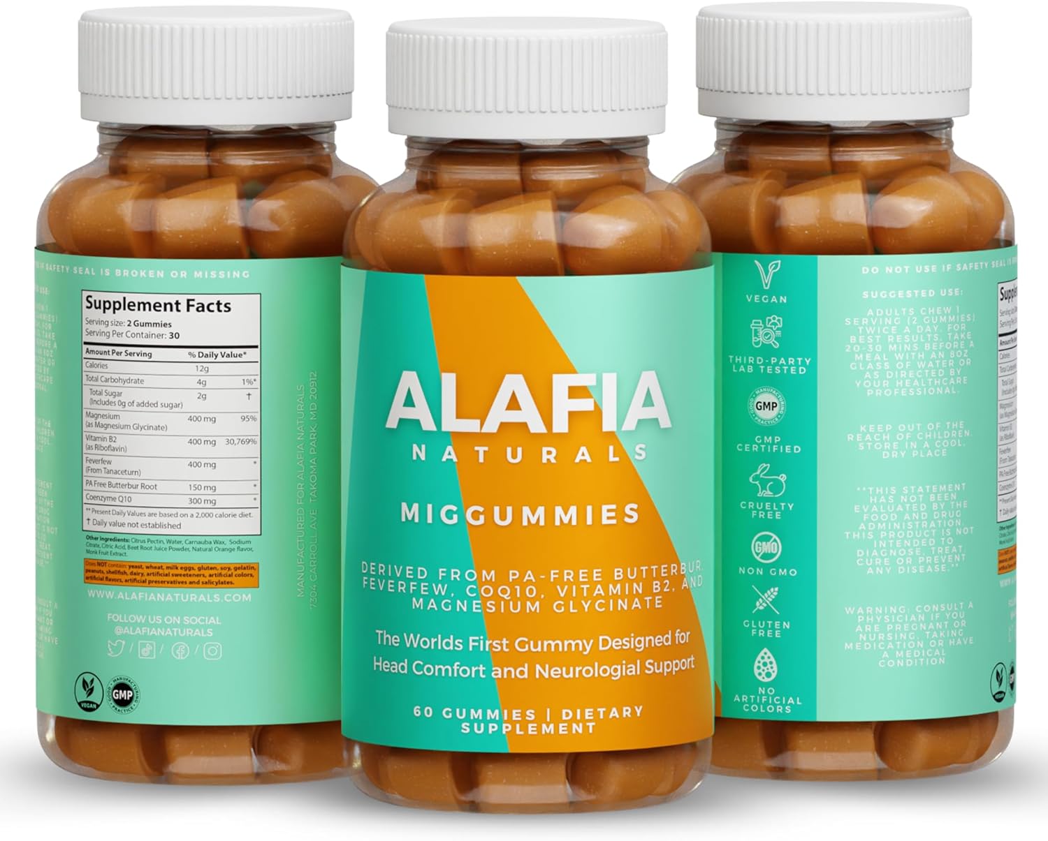 Alafia Naturals Miggummies - World's First Cranial Comfort and Support Gummy - Magnesium Glycinate, Butterbur, Feverfew, CoQ10, Vitamin B2 400mg Riboflavin 400mg 60ct