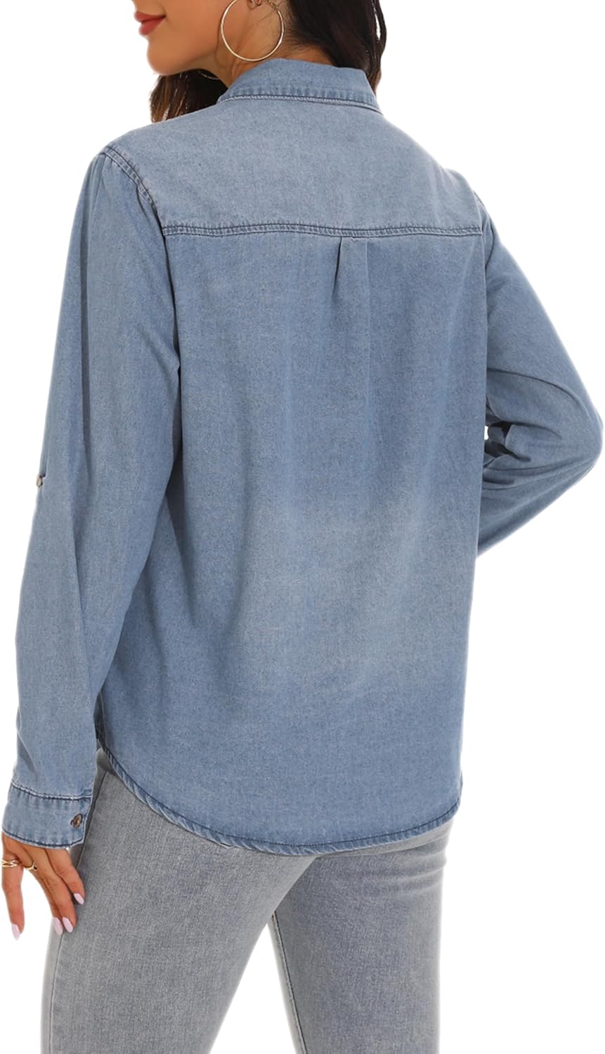 GUANYY Womens Denim Button Down Shirt Long Sleeve V Neck Jean Shirts Western Chambray Blouse Top - Image 4