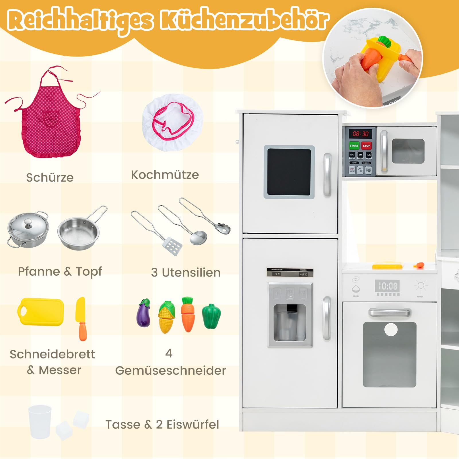 COSTWAY Kinderküche Holz, Spielküche Eck mit Licht und Sound, Holzküche mit Tafel & Spüle & Ofen, inkl. Zubehör, Spielzeugküche für Kinder ab 3 Jahren (Weiß)