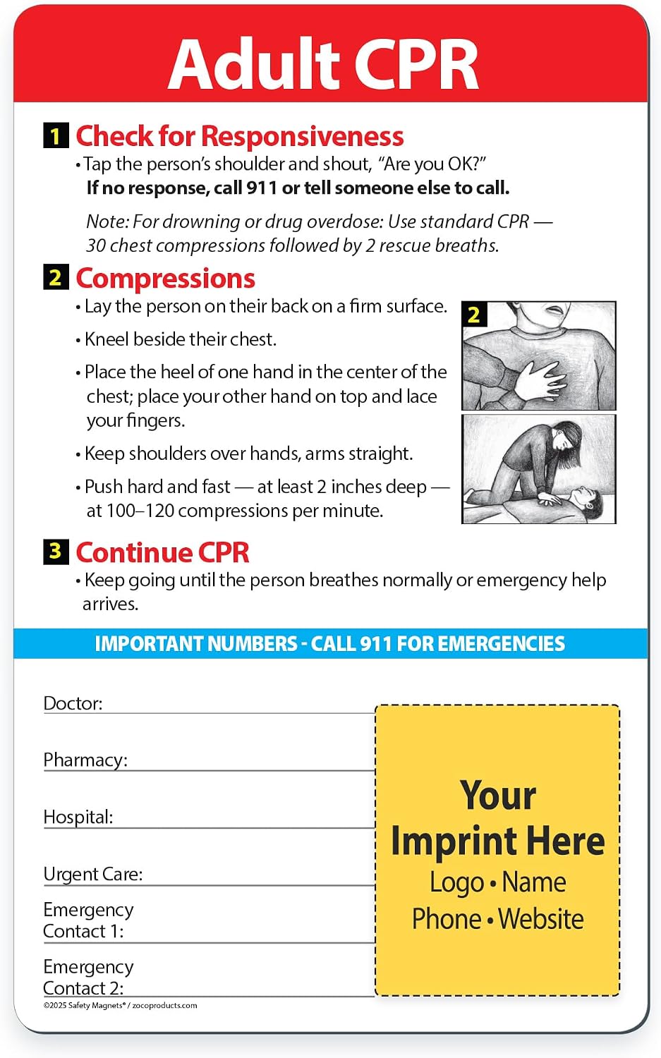 Safety Magnets by ZOCO – 100-Pack Custom Adult CPR Quick Reference Cards – Promotional Handout for Healthcare, Trade Shows, Events, Community Outreach – 5.25" x 8.5"