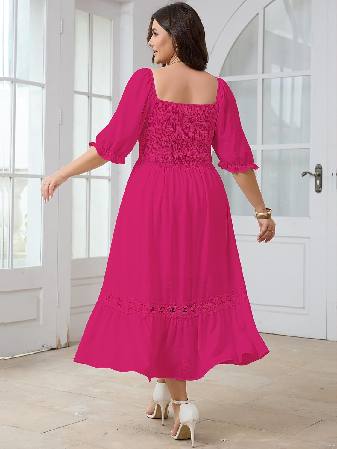 SCOMCHIC Women's Plus Size Maxi Dress Short Sleeve Square Neck Smocked Flowy A-Line Lace Trim Boho Wedding Guest Dresses - Image 6