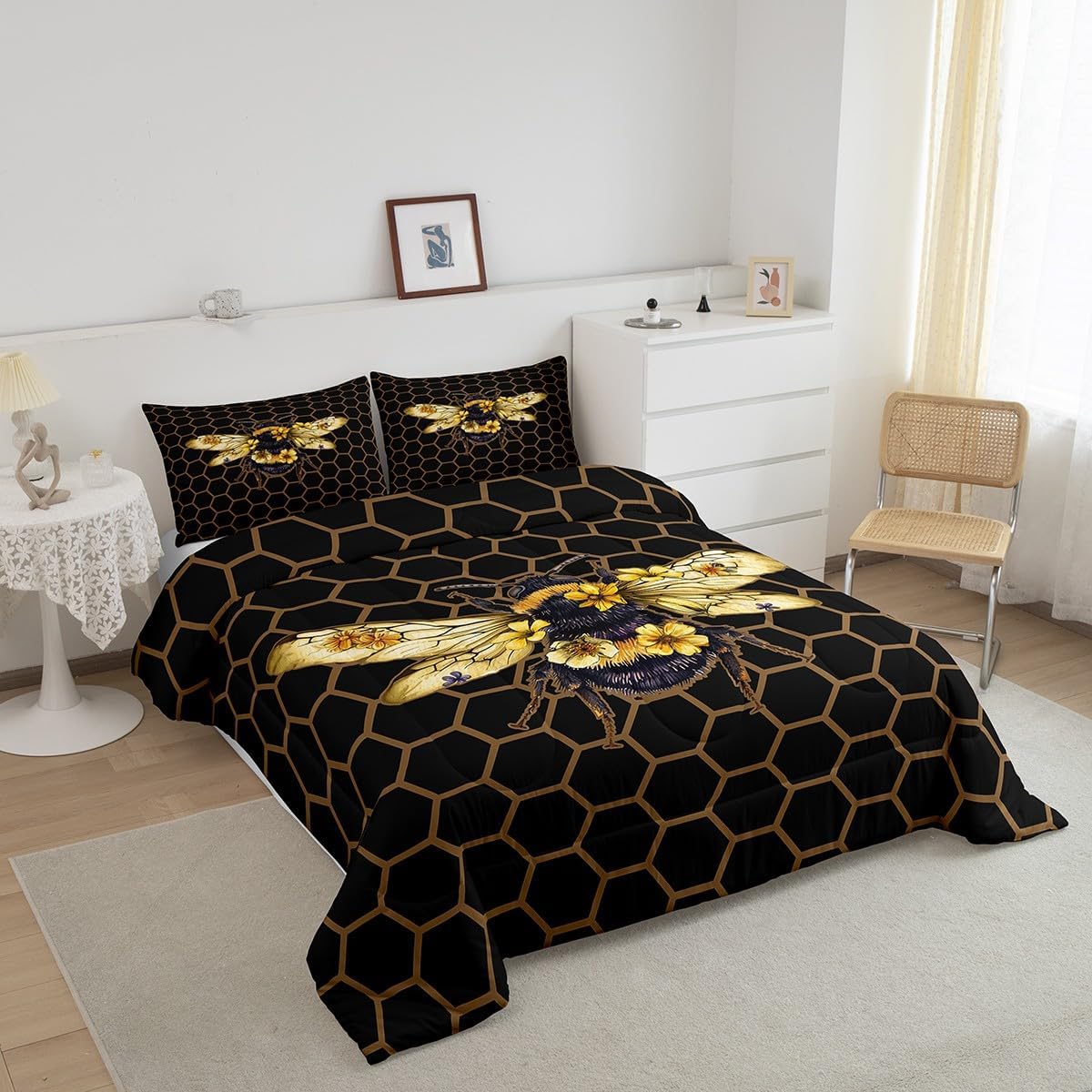 Manfei Honeycomb Comforter Set Queen Size,Geometric Golden Hexagon Bedding Set for Boys Girls Adults Home Room Decor,Bee Flower Wildlife Animal Down Comforter,Black Brown Duvet Insert,2 Pillowcases