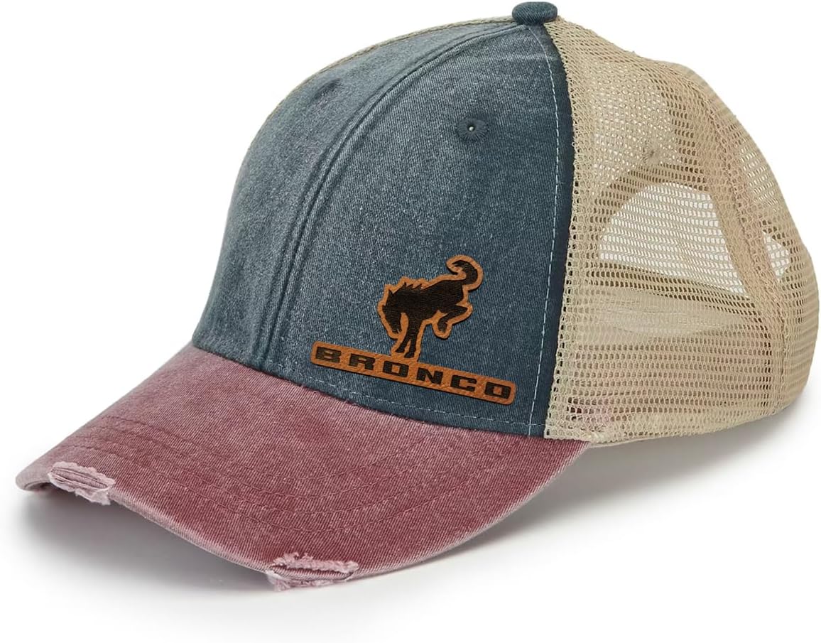 Ford Bronco 4x4 Side Logo Laser Engraved Leather Patch Distressed Trucker Snapback Cap