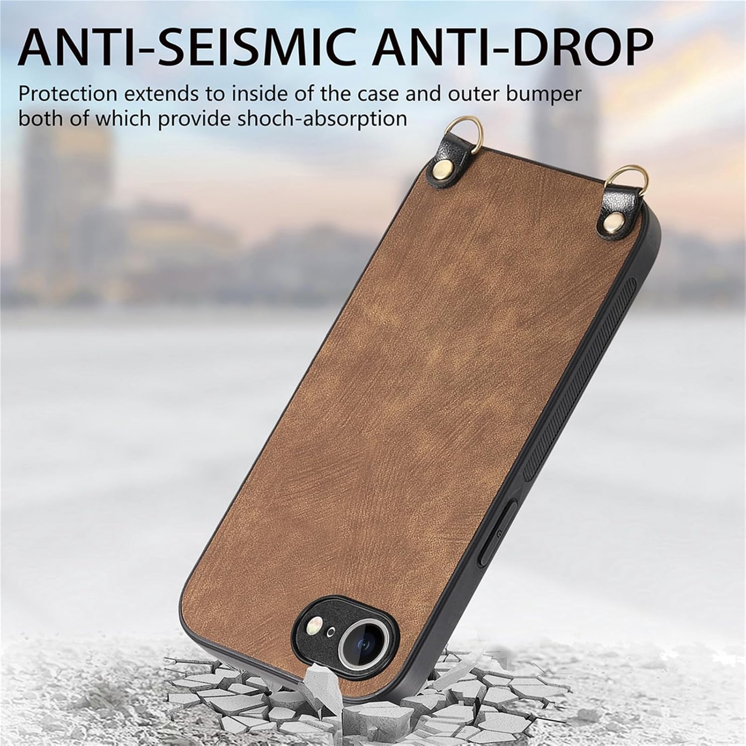 Crossbody Case for iPhone 17E, with Neck Strap Leather Cover Slim Frosted Anti-Fingerprint Shockproof Case,Brass,17E