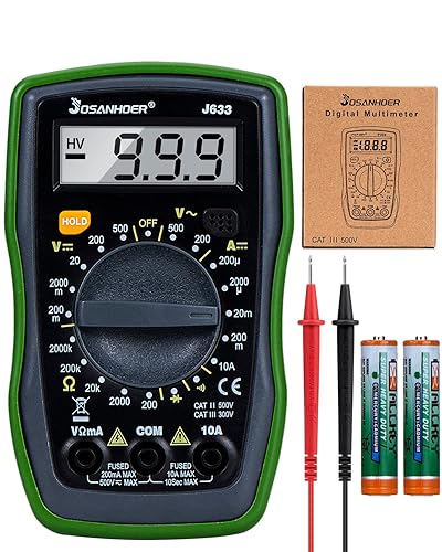 JOSANHOER Multímetro digital de 2000 cuentas, medidor de voltaje de corriente alterna y ohmios CC para tomas de corriente doméstica, computadoras,