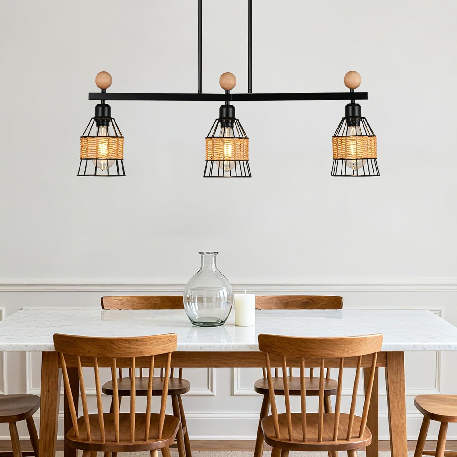 3-Light Matte Black Dining Room Ceiling Pendant Light Fixture, Farmhouse Kitchen Chandeliers Over Table, Linear Rustic Island Light Fixtures with Metal & Rattan Lampshade, Height Adjustable