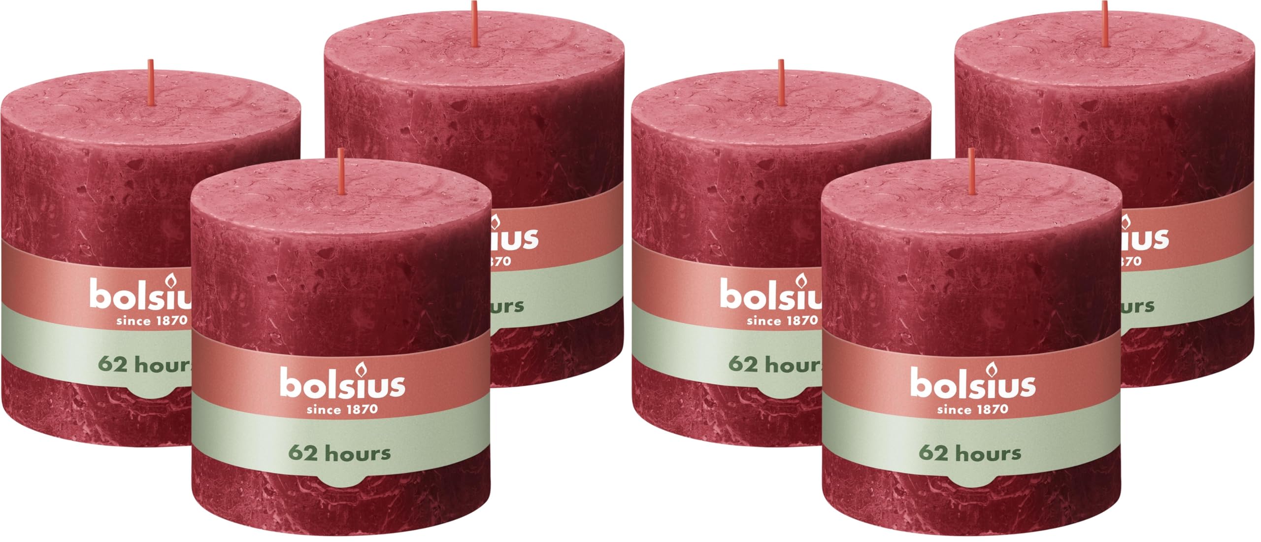 Bolsius Rustik Stumpenkerze XXL - Rot - 3 Stück - 10 x 10 cm - Dekorative Haushaltkerzen - Brenndauer 62 Stunden - Unparfümierte - Enthält Natürliches Pflanzenwachs - Ohne Palmöl (Packung mit 2)