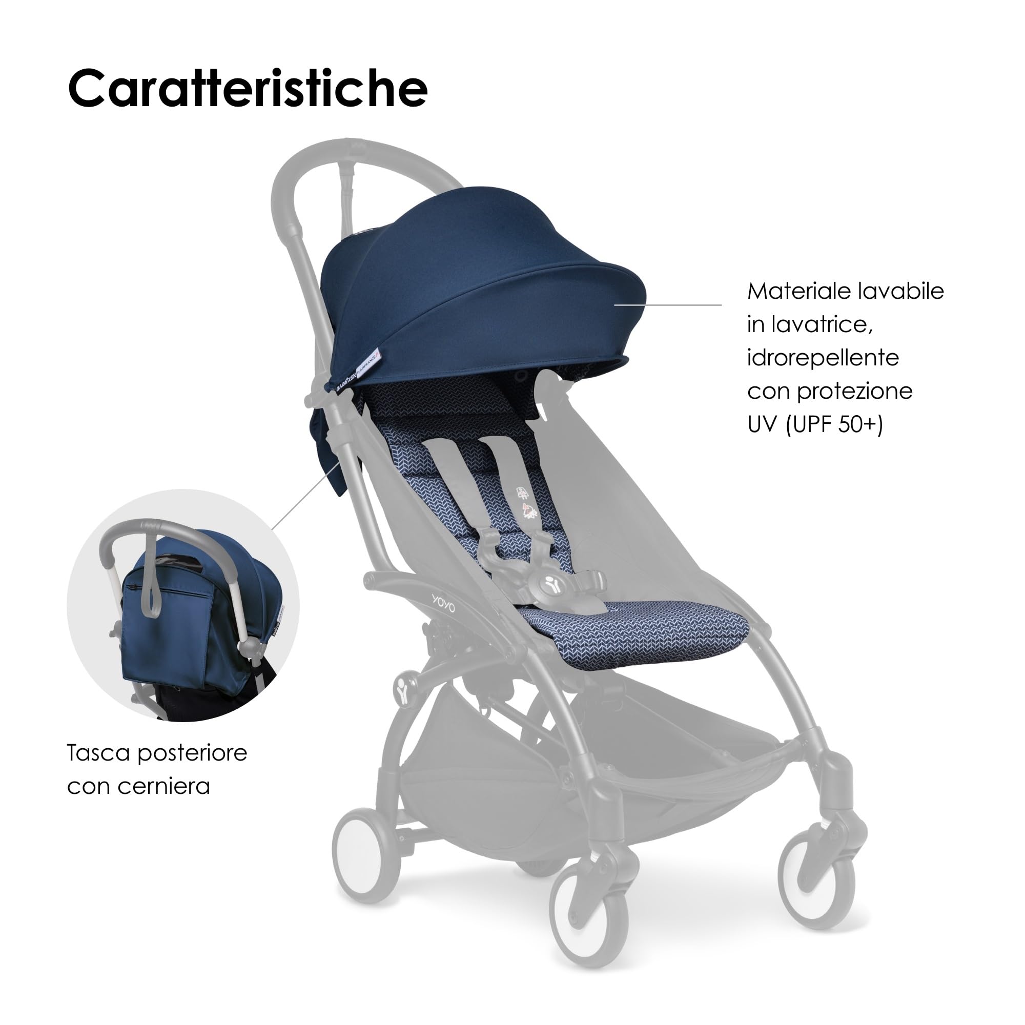 Rivestimento colorato 6+ BABYZEN YOYO, Air France Blue - Solo tessuti: Cuscino, Cappottina abbinata e tasca posteriore con cerniera - Richiede il telaio YOYO2 (Venduto a parte)