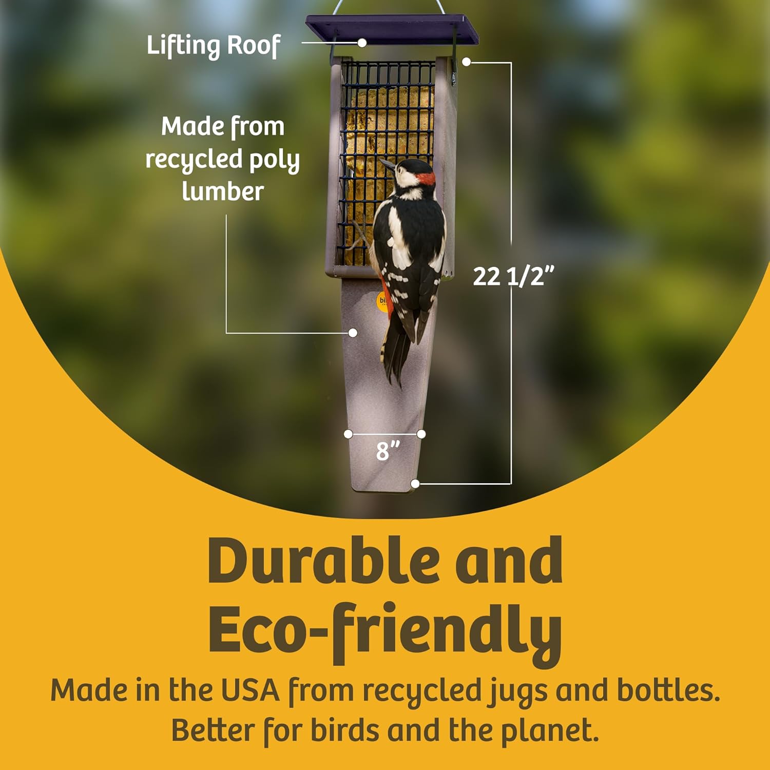 Birds Choice Pileated Suet Bird Feeder with Extra Long Tail Prop, Holds 2 Suet Cakes - Made from Durable Recycled Material, Taupe Base w/ Brown Roof, 8"L X 3"W X 22-1/2"H