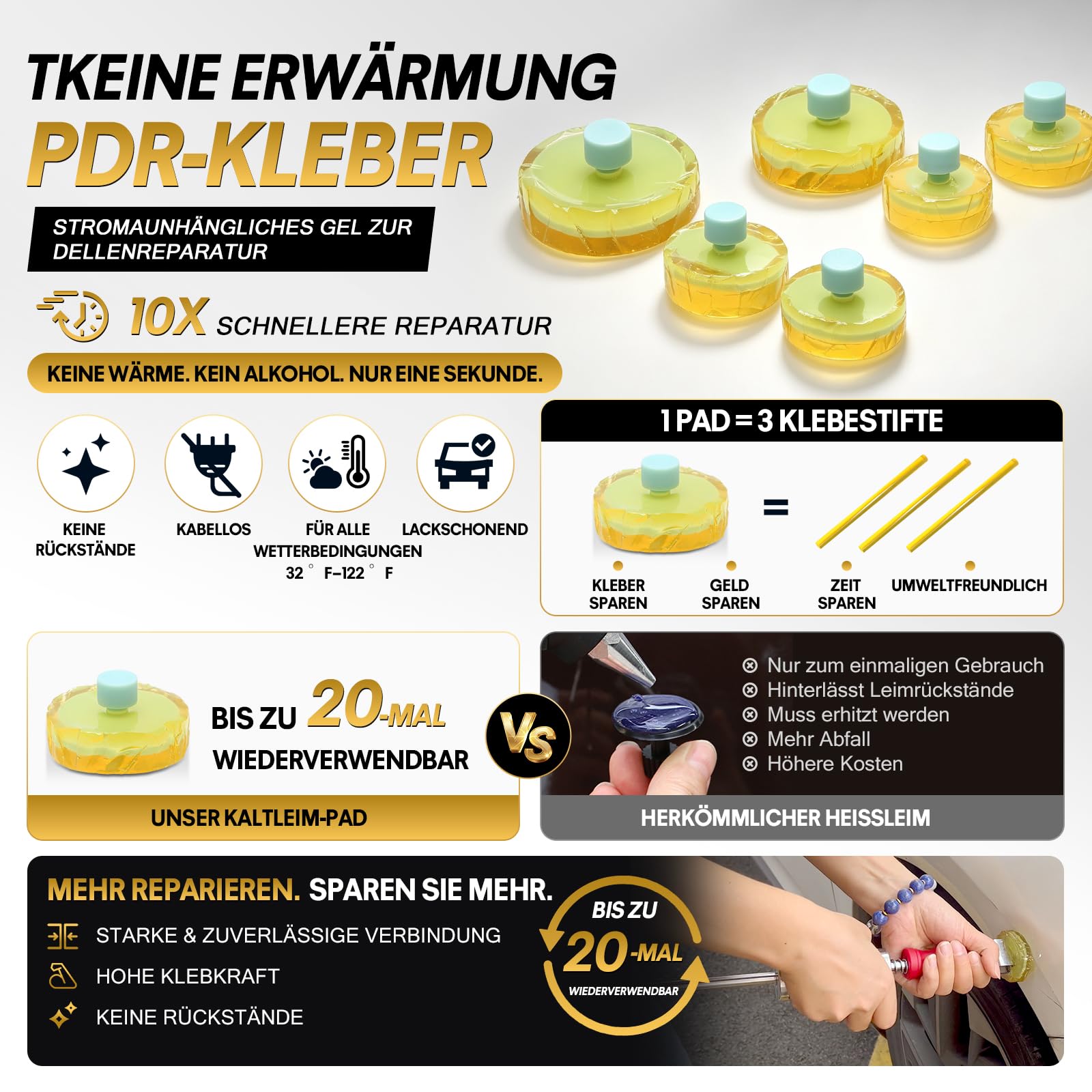 Kaltkleber Dellen Reparaturset Auto, Muss Nicht Erhitzt Werden Kaltkleber PDR Ausbeulwerkzeug Set lackfrei Dent Repair Kit Auto Reparatur Set 100% lackschonend für kleine & große Dellen,Hagelschäden