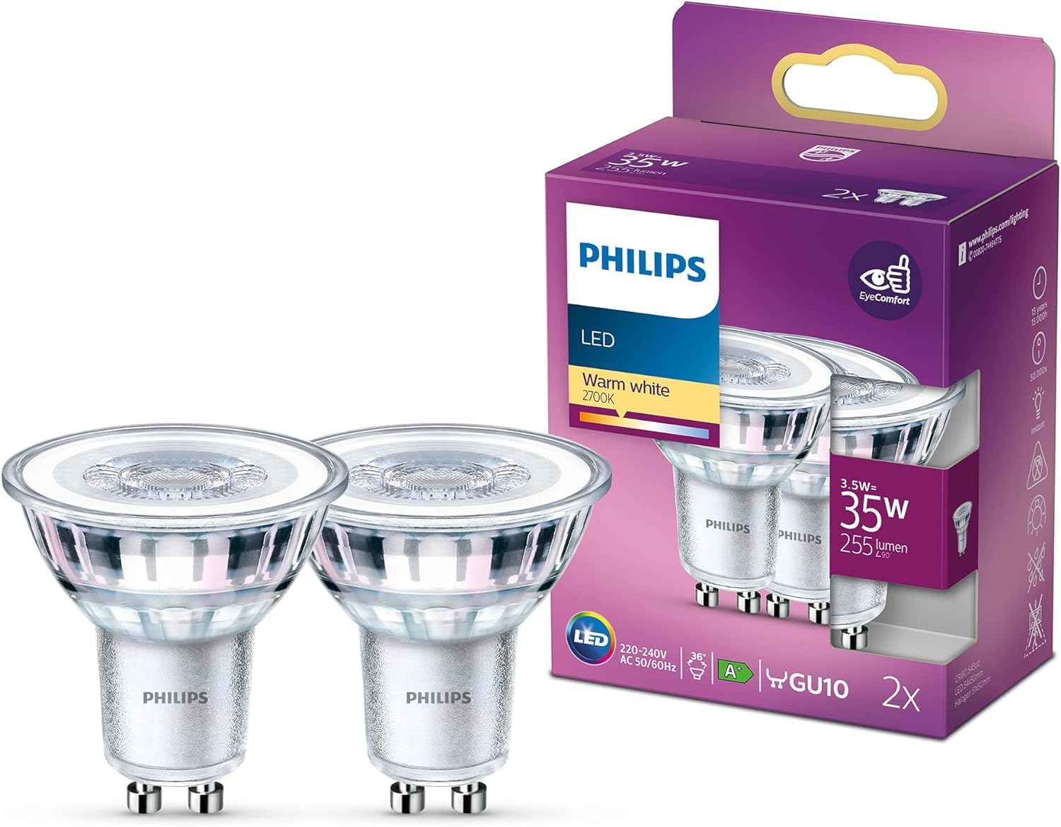 Philips Philips LED Classic Light Bulb 2 Pack [GU10 Spot] 3.5W - 35W Equivalent, Warm White (2700K), Non Dimmable