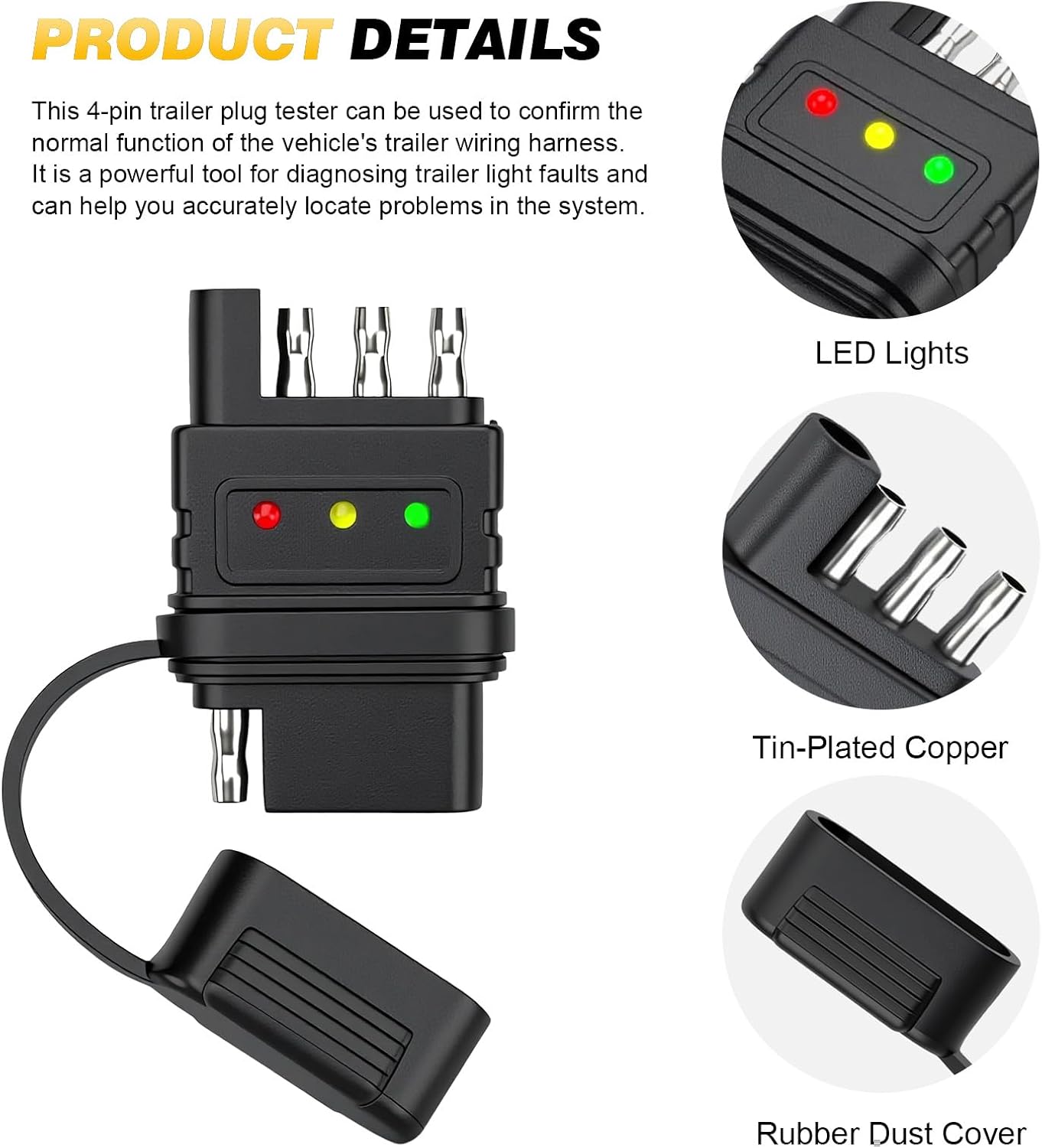 4-Way Flat Trailer Wiring Tester - 4 Pin Male & Female Trailer Light Tester with Bright Indicators, Continuity Test & Double End Design, Trouble Shooter for Turn Signal & Tail Lights