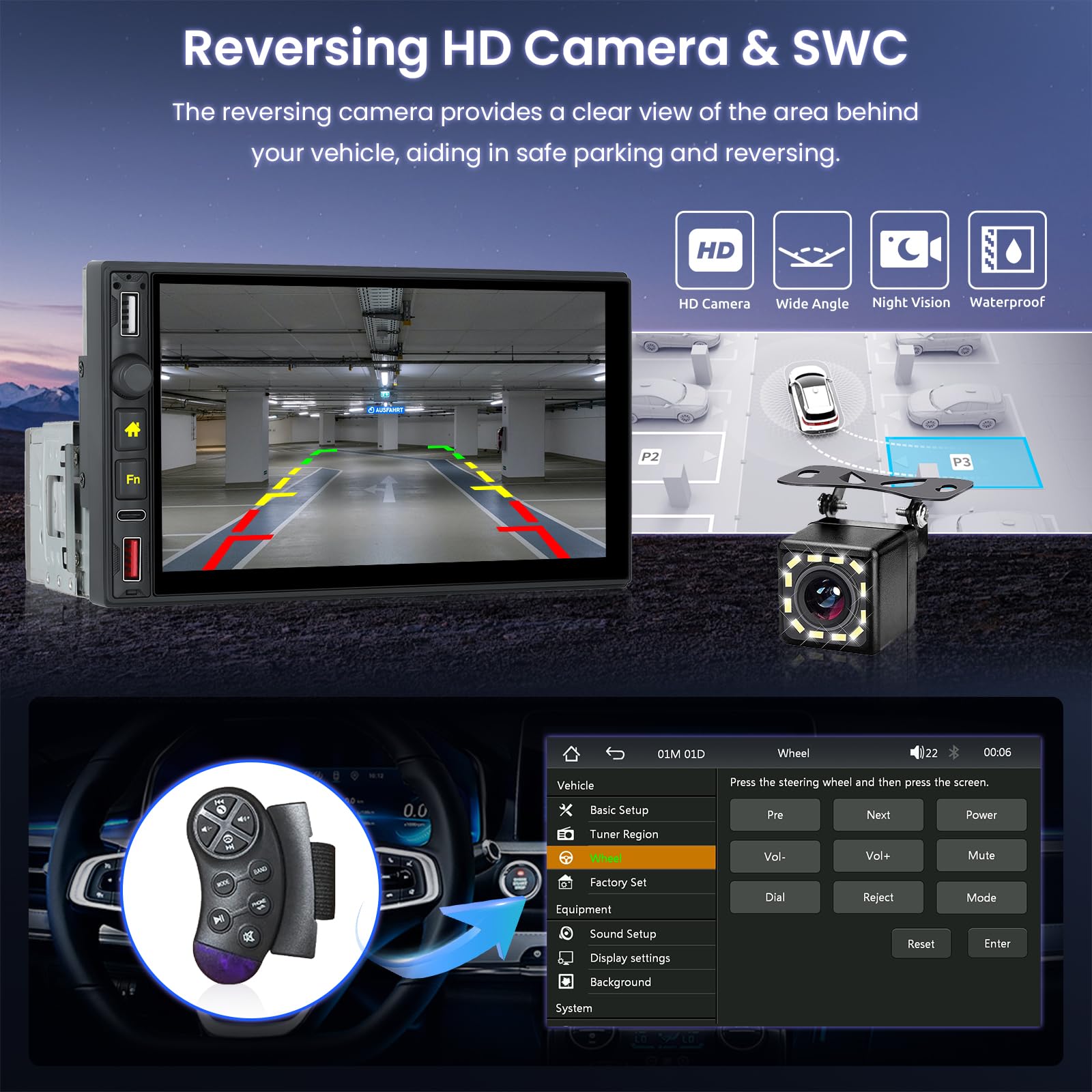 Autoradio 1 DIN 7 Pouces Carplay Sans Fil Android Auto Bluetooth Caméra Recul Mirror Link