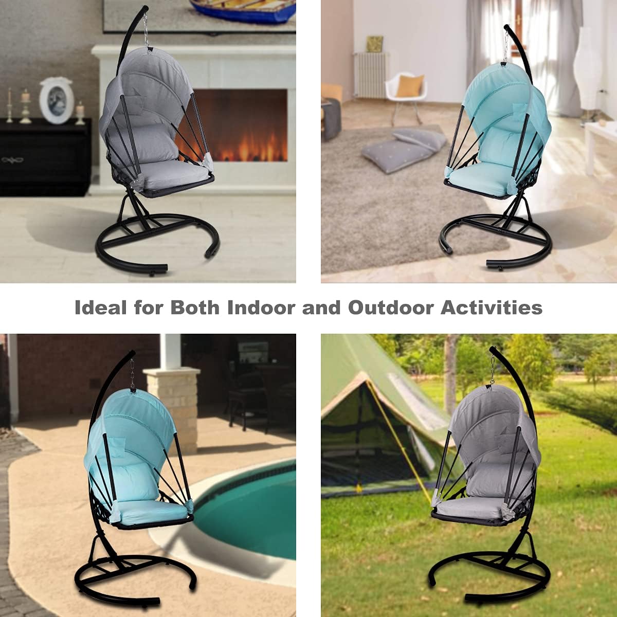 Foldable Hanging Chair Swing Hammock Egg Chair PE Rattan Wicker Seat w/Padded Cushion Headrest Pillow Canopy for Outdoor, Indoor, Grey