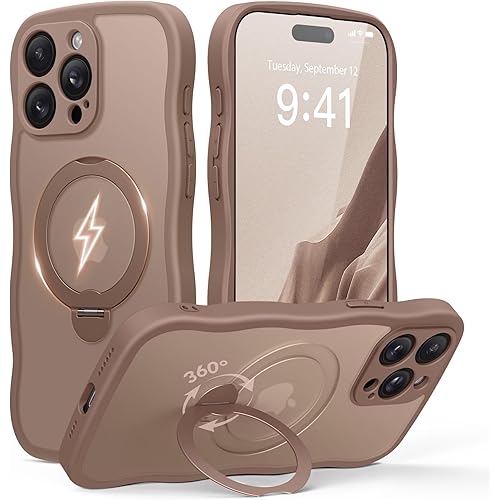 GolbinBox for iPhone 15 Pro Case,[Compatible with Magsafe][360°Magnetic Stand][Cute Wave Edge][18ft Military-Grade Protection] Translucent Matte Phone Women Case for iPhone 15 Pro, Brown