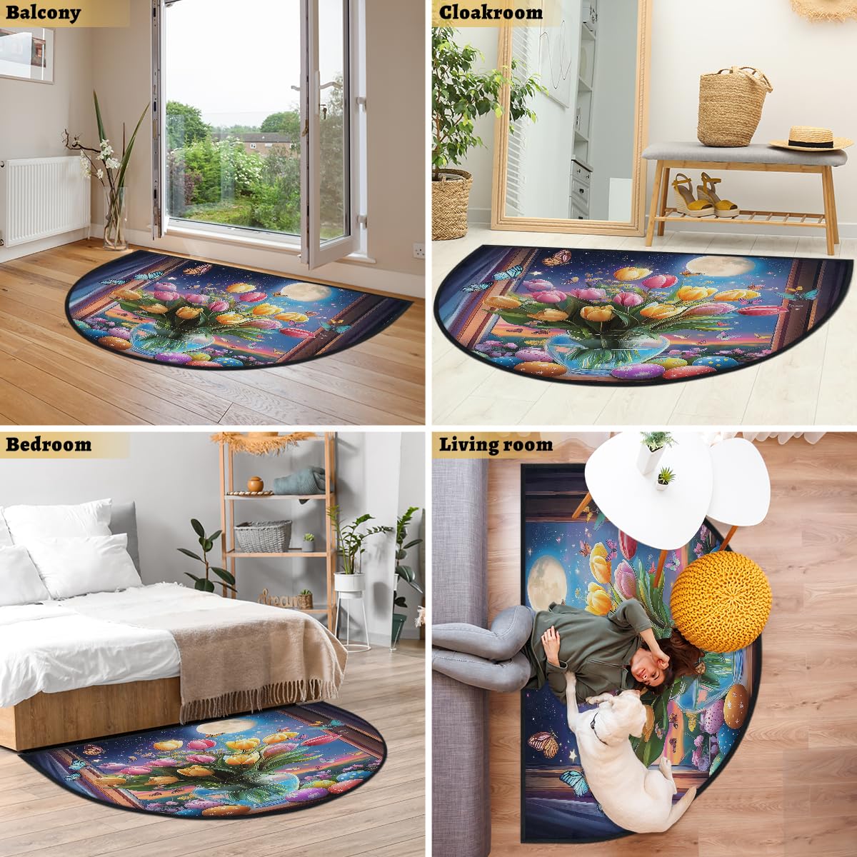 Mexpekil Paillasson demi-rond pour intérieur et extérieur - Motif œufs colorés, tulipes et lune - Demi cercle - Absorbant la saleté - 100 x 160 cm