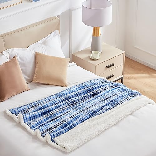 Miniatura 5 de Touchat Manta Sherpa a cuadros (60 x 70 pulgadas, azul a cuadros), manta suave y esponjosa, manta de franela de vellón de microfibra de tamaño