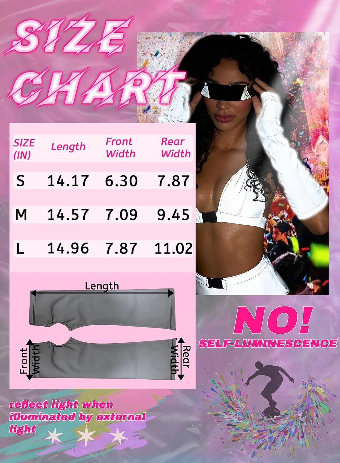 Ella Lust Reflective Rave Arm Warmers for Women - Holographic Y2k Accessories Party Festival Sleeves Long Fingerless Gloves