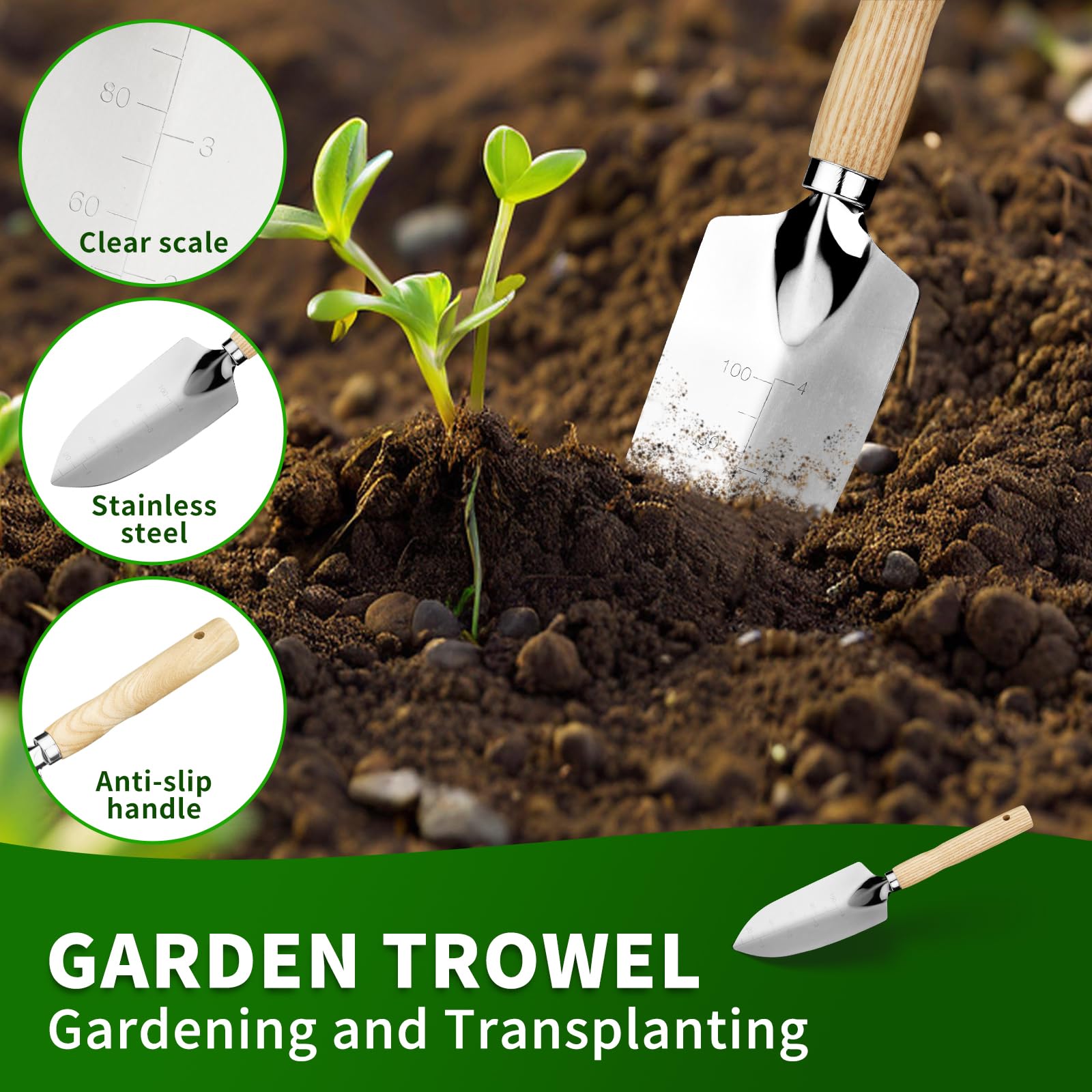 Set di attrezzi da giardino, set di 5 attrezzi da giardinaggio resistenti con pala, rastrello, trapiantatore, grande cazzuola, coltivatore a 5 artigli, in acciaio inox con manici in legno