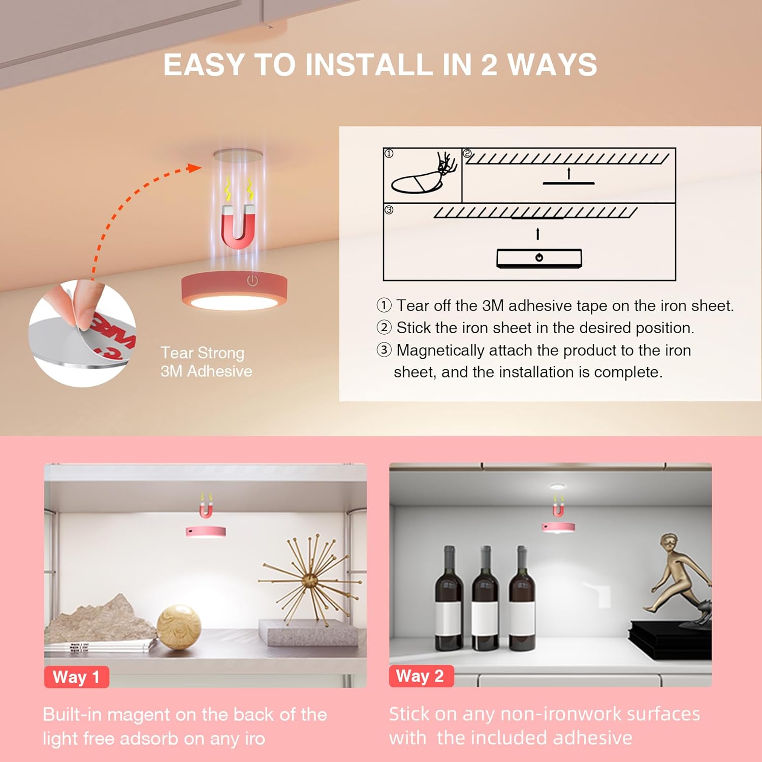 Rechargeable Puck Lights with Remote Control,LED Under Cabinet Light with Full-Screen,3 Color Temperatures Stick On Light Wireless, Tap Lights for Kitchen,Cabinet,Counter,Closet,Shelf,2 Pack, Pink