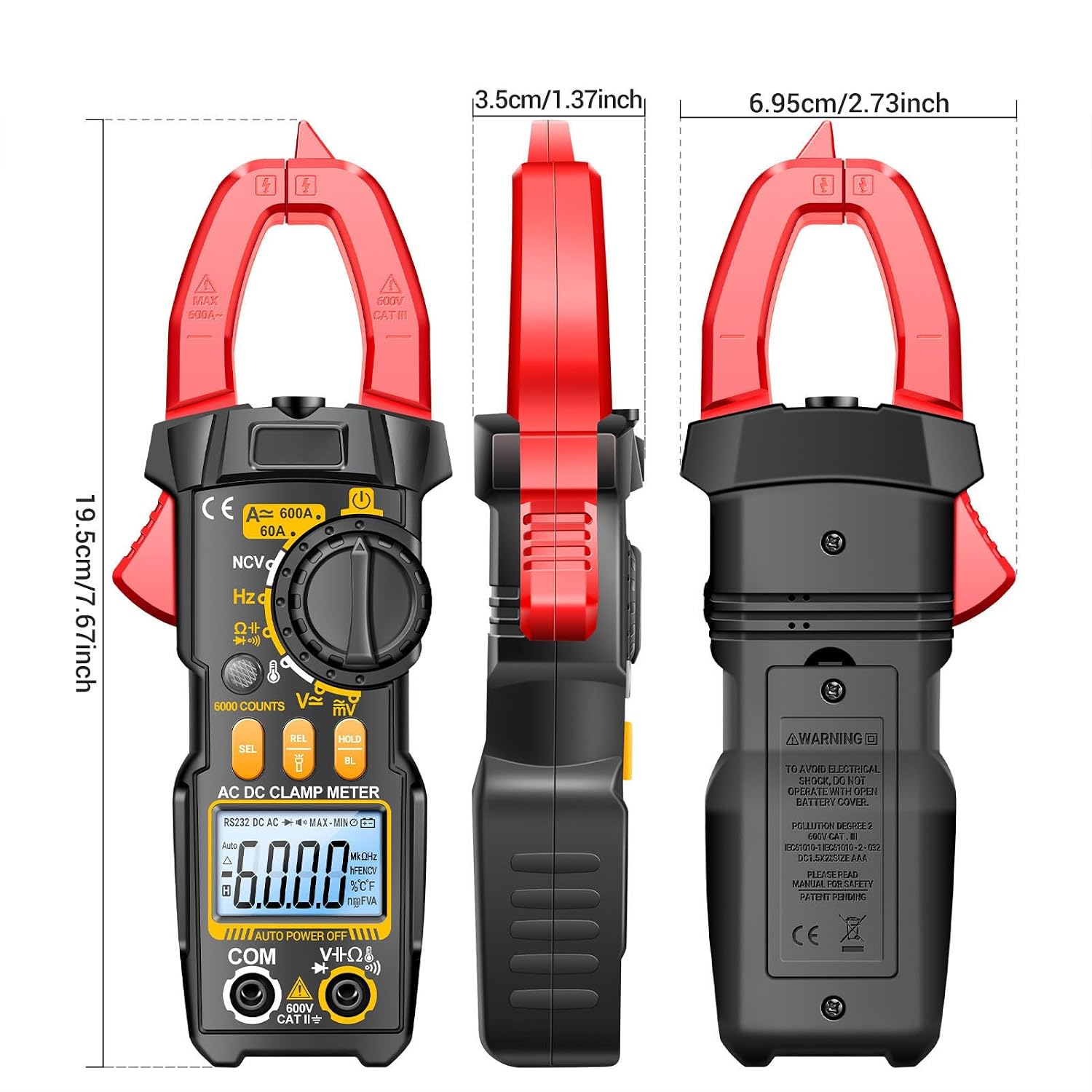 Digital Clamp Meter 6000 Counts Multimeter with AC DC Current Voltage Diode Temperature Capacitance Measuring for Any Task