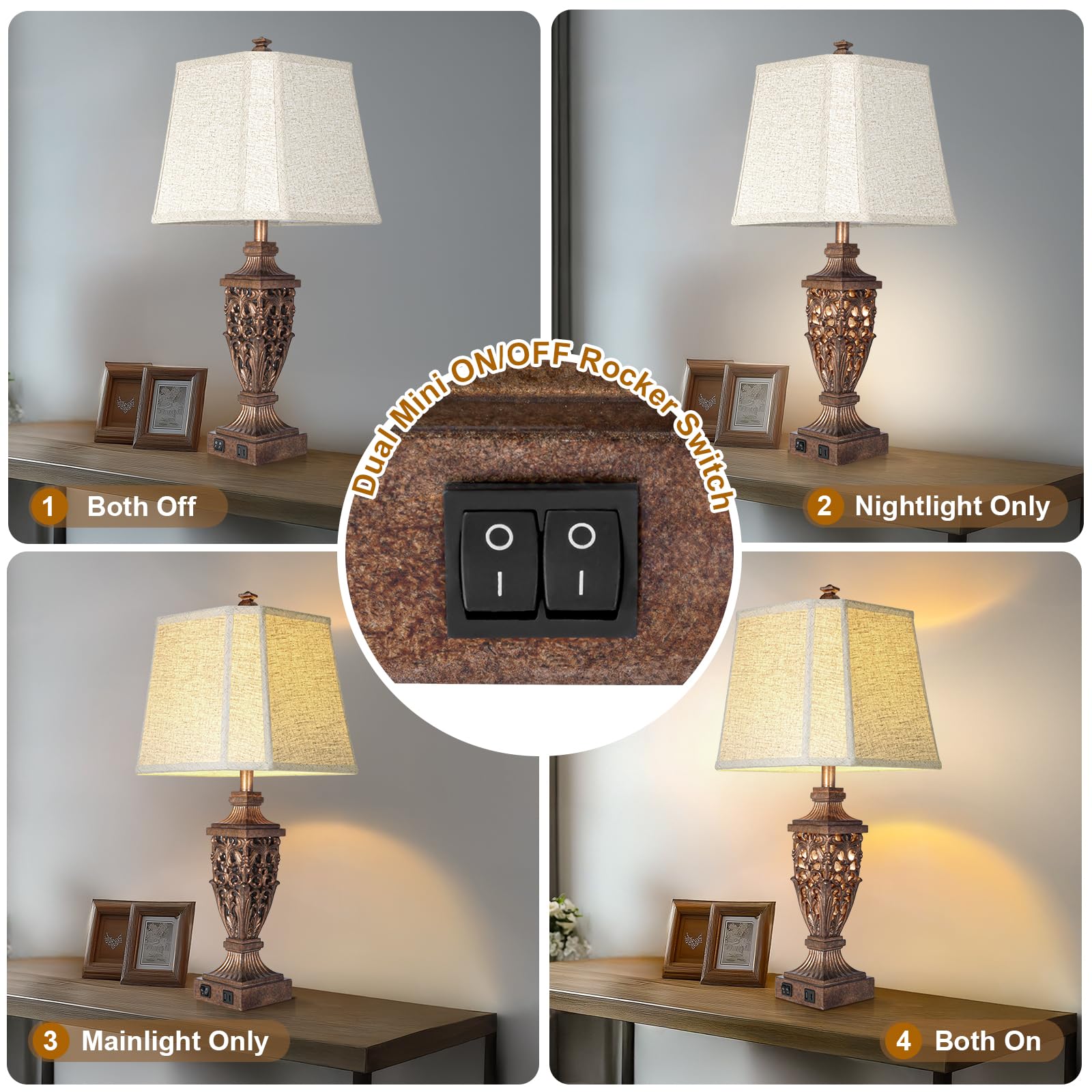 Scenekoy Set di 2 lampade da tavolo vintage in bronzo da 72,4 cm con luce notturna, lampada da comodino, paralume angolare in lino beige, porte USB per testiera, aria condizionata, camera da letto