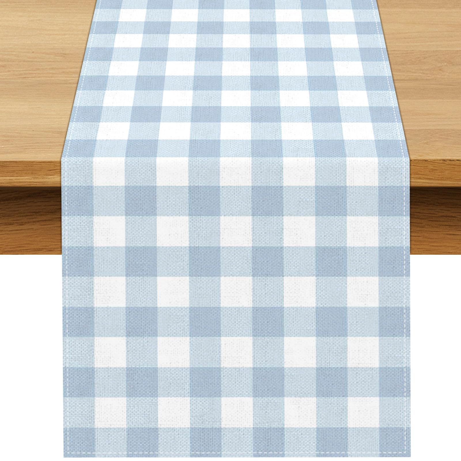 Photo 1 of Buxiuer Dusty Blue Gingham Table Runner Light Blue Checkered Boy Girl Baby Shower Birthday Party Decoration Home Dining Kitchen Island Decor (13" x 90")