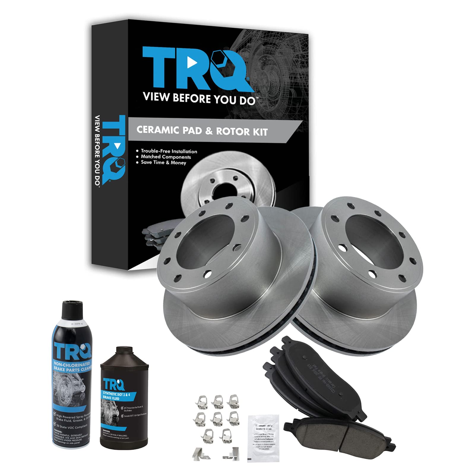 TRQ Rear Brake Pad &amp; Rotor Kit, with Chemical Kit Ceramic Compatible with 2005-2007 Ford F-250 Super Duty F-350 Super Duty