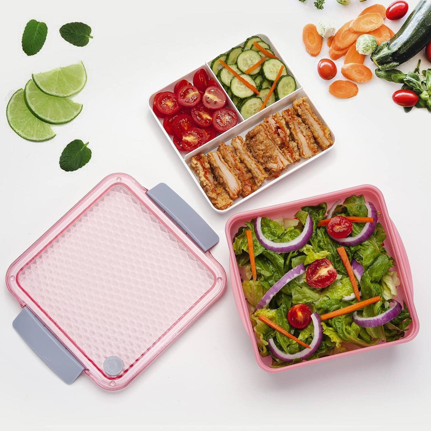 Freshmage Upgraded Salad Lunch Container, 60-oz Large Leakproof Salad Bowl with 3-Compartments Bento Tray(Pink)