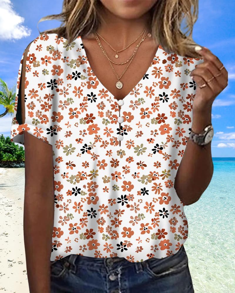 Womens Boho Floral Print Blouse Dressy Slim Fit Vintage Womens Summer Tops Cold Shoulder V Neck Button Down Shirts for Women