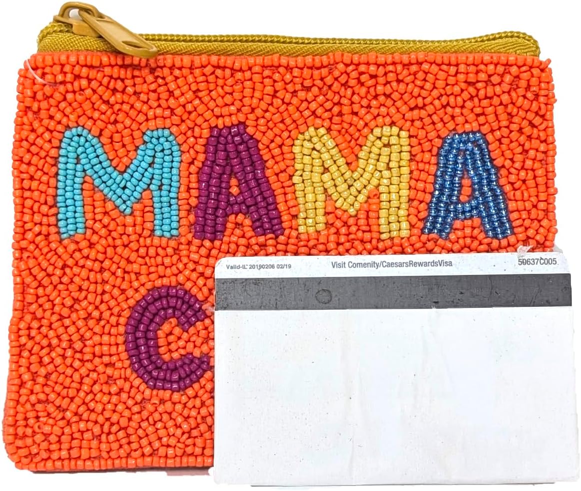BTC Mamacita Orange Beaded Card & Cash Holder – Small Zipper Coin Pouch with Fun Text Design & Vibrant Colors