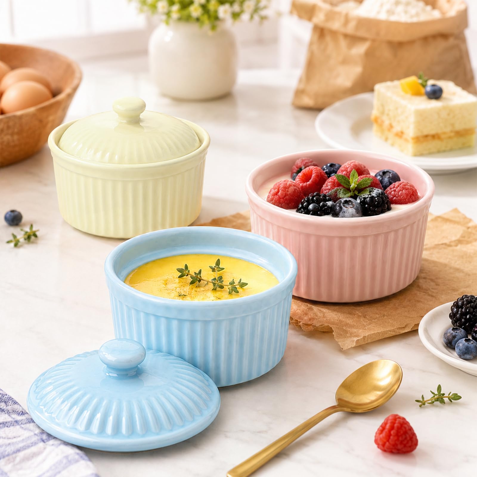Meltset - Ramequines de 5.5 onzas con tapas, cuencos de cerámica aptos para horno, platos de porcelana para hornear soufflé, crema brulee, pastel de lava, postres de helado, aperitivos (juego de 5)