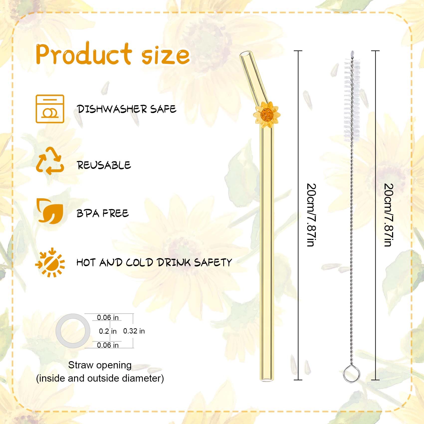 Eremaoy 6-Piece Glass Straws Set, Colorful Sunflower Design, Reusable with 2 Cleaning Brushes, Ideal for Coffee Milkshakes - Image 4