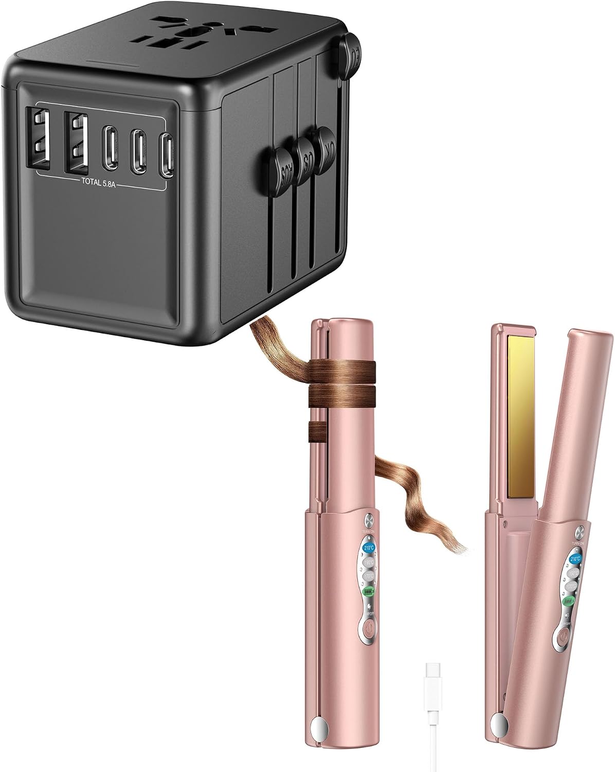 Universal Travel Adapter and Portable Titanium Cordless Hair Straightener for International Travel