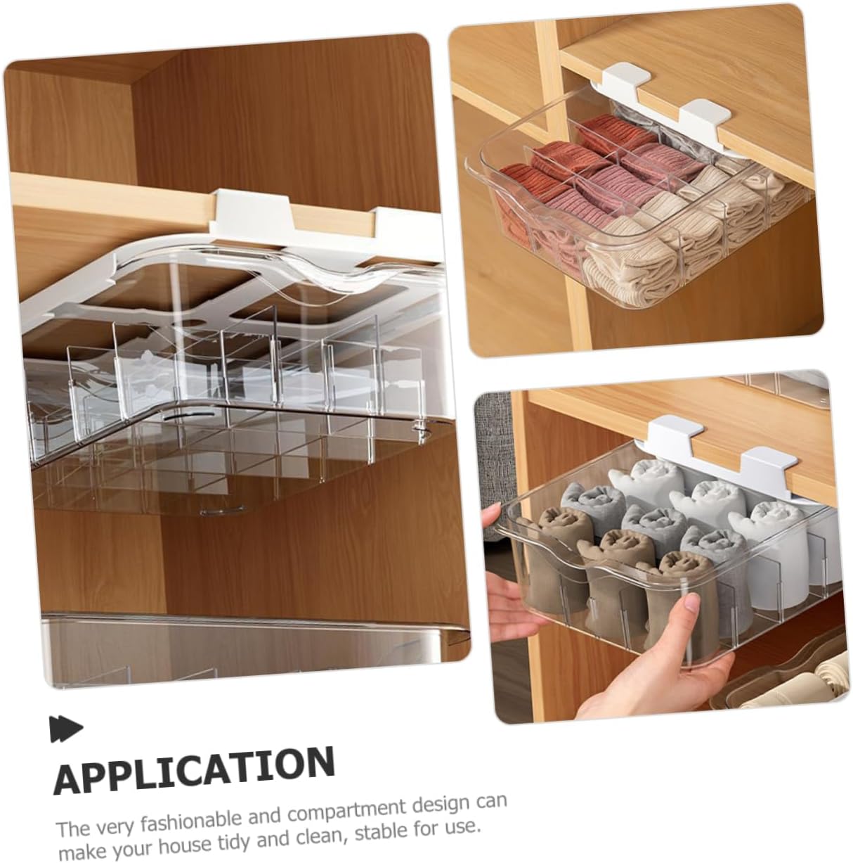 Transparent Compartment Adhesive Under Shelf Storage Box for Socks and Underwear Space Saving Drawer Organizer for Closet Wardrobe and Cabinet Neatness