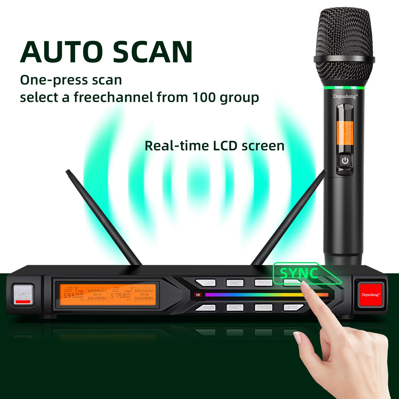 Depusheng R7 microfono wireless dotato di due microfoni portatili dinamici e ricevitore, con un raggio di ricezione di 80 metri, adatto per palchi di concerti karaoke