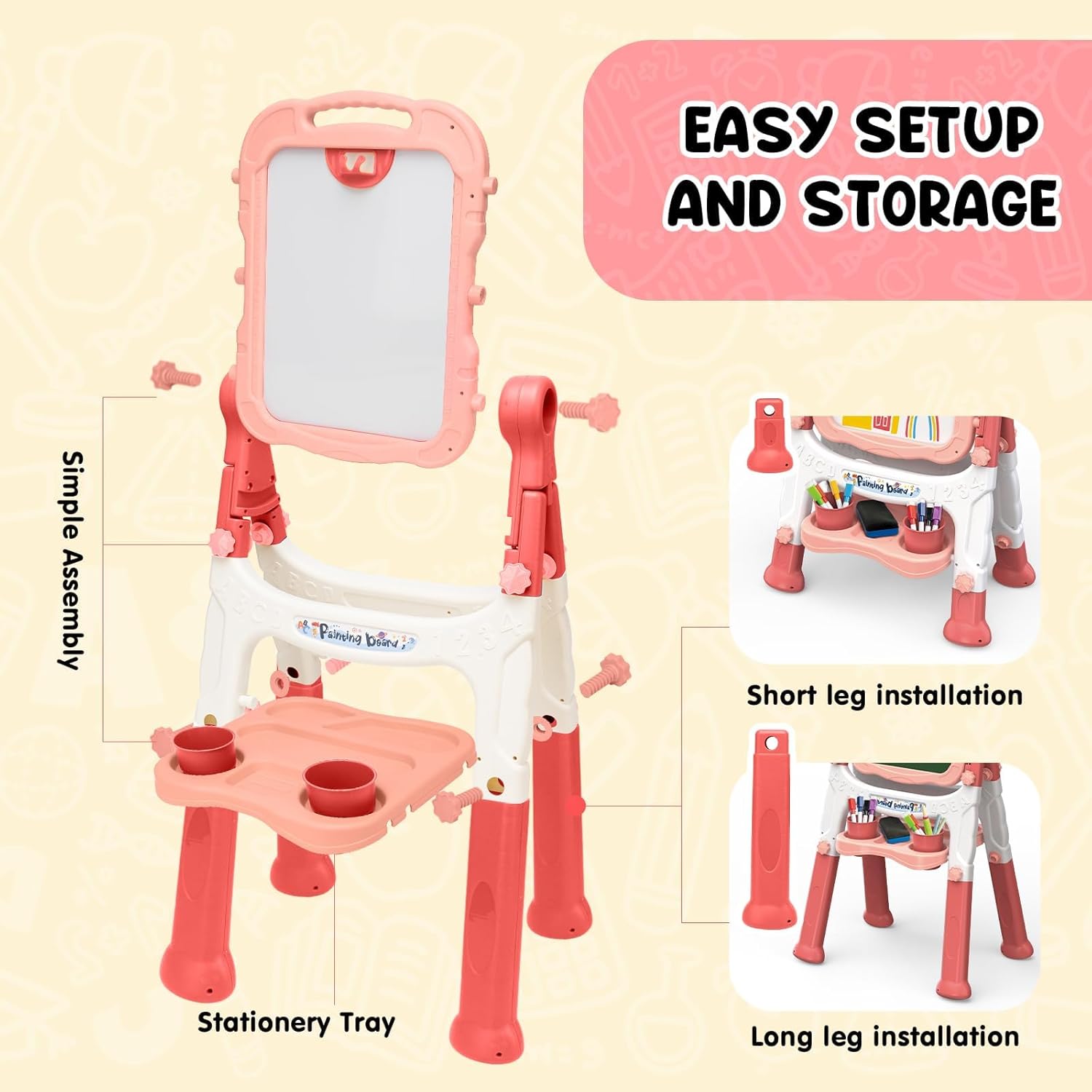 AuntyFey Easel for Kids, Toddler Easel, Double-Sided Chalk Board Kid, White Board, Kid Art Easel, Art Easel Age 4-8, Christmas Gift, Red&Pink