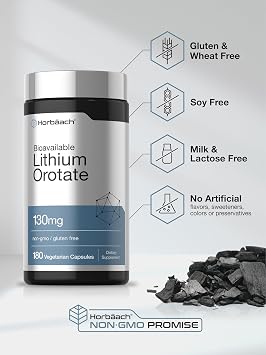 Horbaach Lithium Orotate 130mg | 180 Capsules | Non-GMO, Gluten Free, Vegan | 5mg Bioavailable Elemental Lithium
