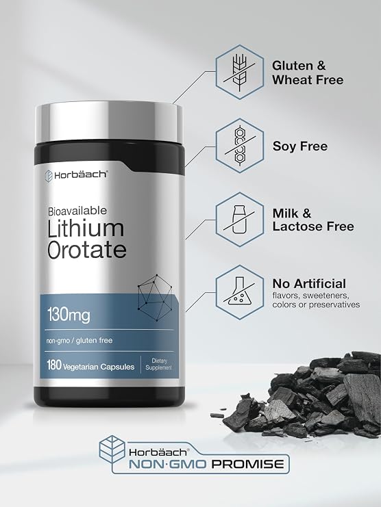 Horbaach Lithium Orotate 130mg | 180 Capsules | Non-GMO, Gluten Free, Vegan | 5mg Bioavailable Elemental Lithium