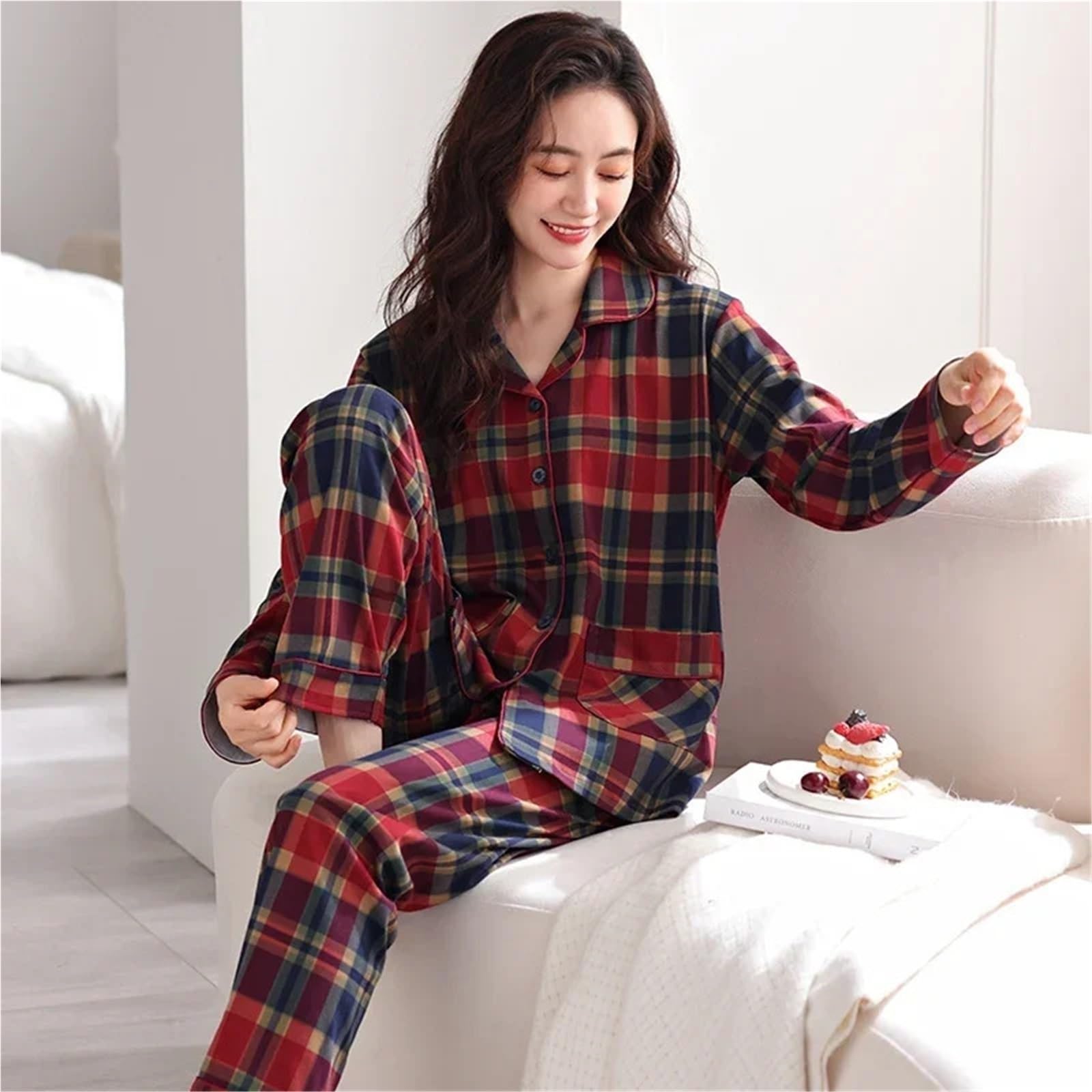 2024 Autumn Plus Size Long Sleeve Casual Plaid Cotton Pajama Sets for Women – Korean Loose Sleepwear Homewear Clothes(2611,XXXL)