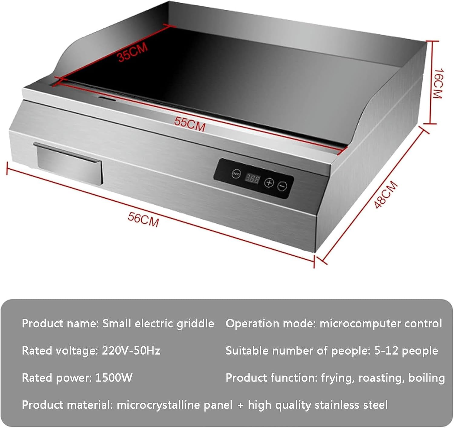 Electric Griddle Commercial Counter Top Flat Hotplate, Large Stainless Steel Kitchen 1500W Fried Pans, 110-240V Efficient Nonstick Electric Griddle for Home Barbecue Omelette Fried Food
