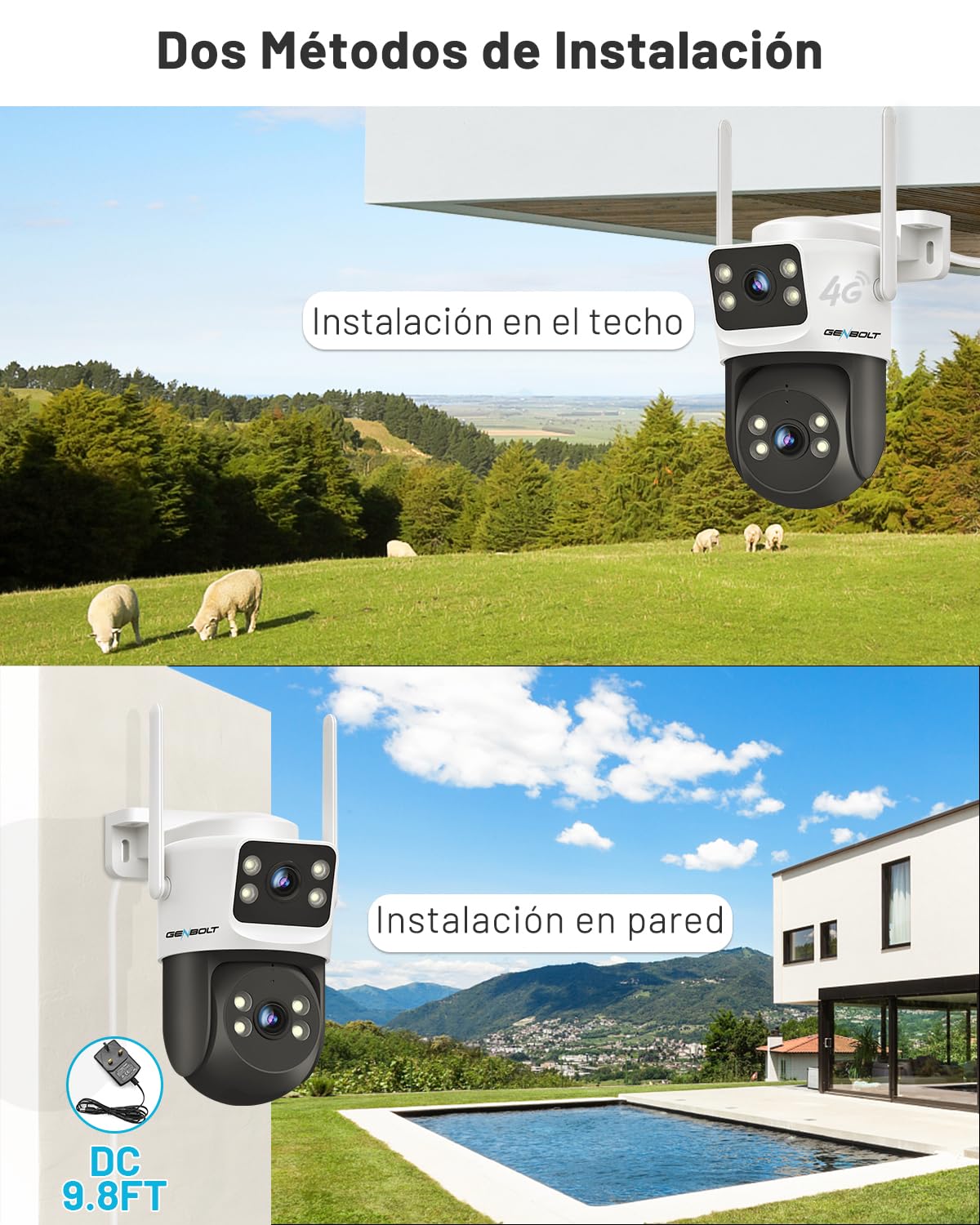 GENBOLT 4G LTE Cámara Vigilancia Exterior con Tarjeta SIM sin WiFi, Doble Lente PoE CCTV Cámara Seguridad Cableada Grabación 24/7, Cámara IP PTZ con Detección Humano Seguimiento Automático