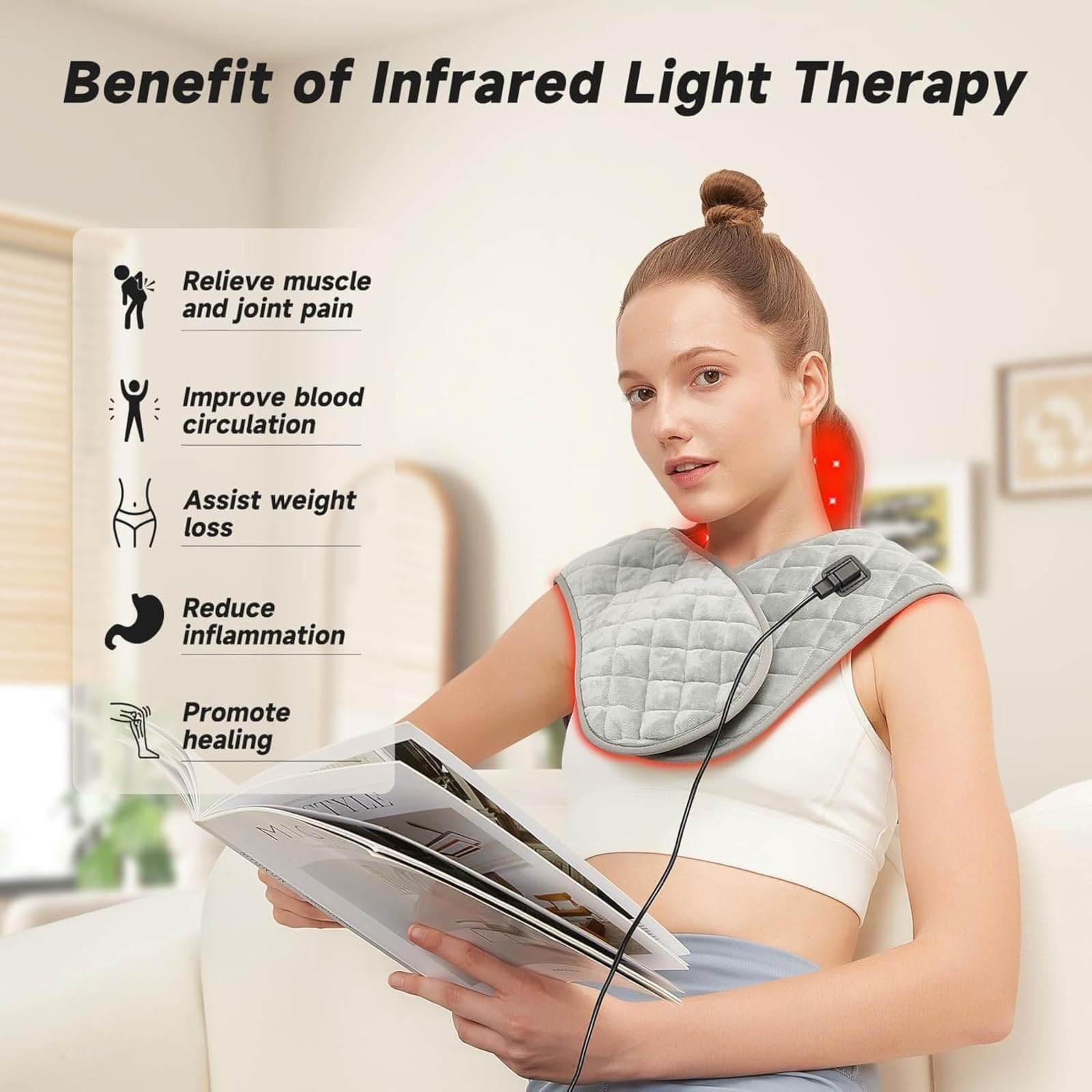 Dispositivo de terapia de luz infrarroja, almohadilla para aliviar el dolor de cuello, hombros y espalda, 3 modos de calefacción, con control remoto, recuperación muscular portátil en el hogar, mejora